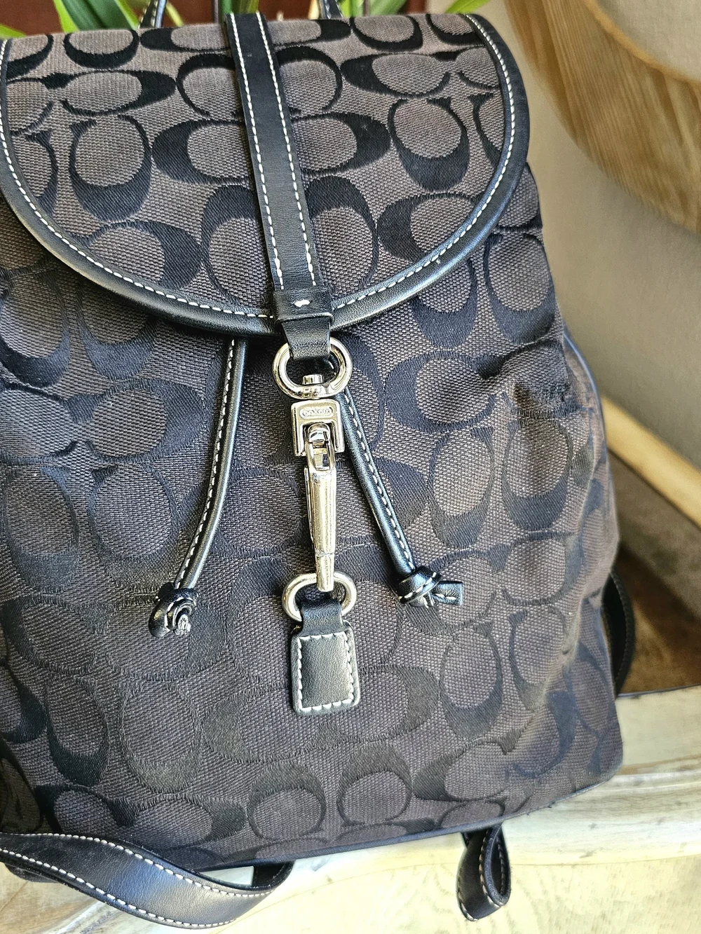 Vintage Coach Signature Canvas Drawstring Backpack Black Leather Trim Monogram